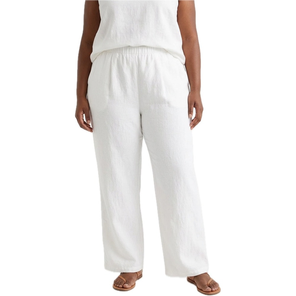 JustFashionNow White Cotton Pleated Straight Leg Pants Elastic Waist‎ Large